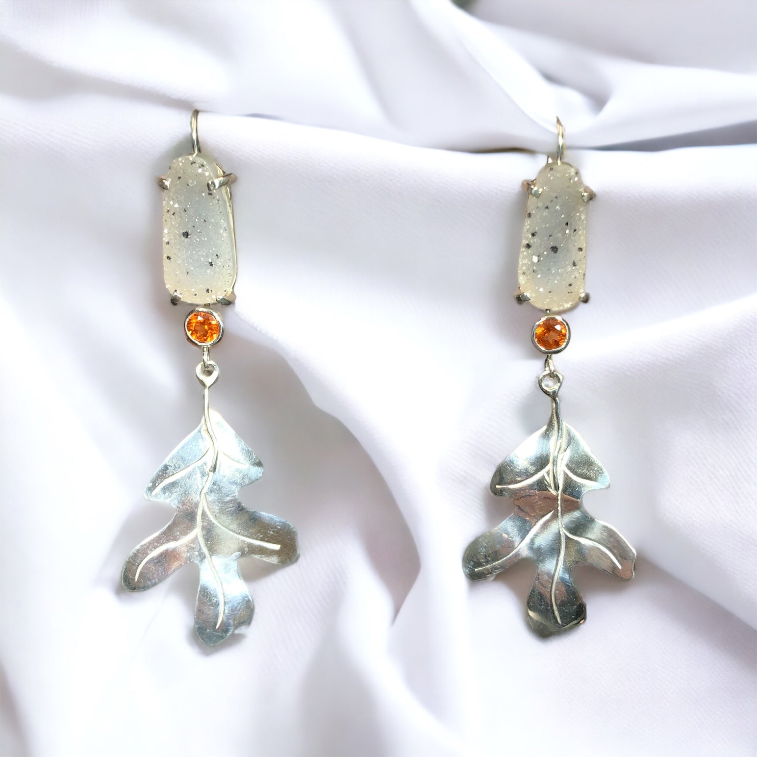 Oak Leaf Earrings w/ Drusy Quartz & Spessartine Garnets