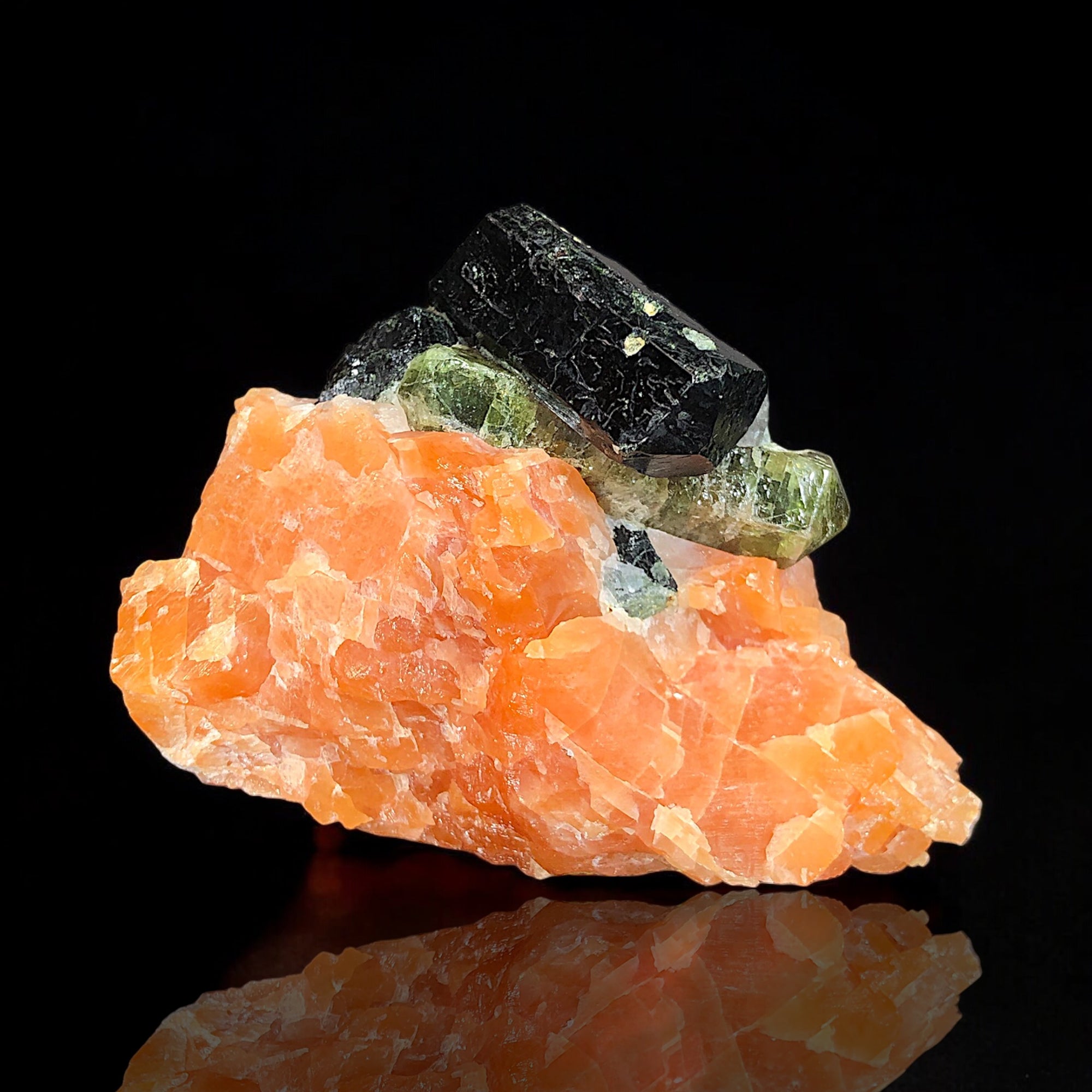 Ferrosilite & Fluorapatite on Calcite, Yates Mine, Canada