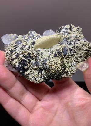 Siderite, Quartz, & Pyrite on Sphalerite, Panasqueira Mines, Portugal.