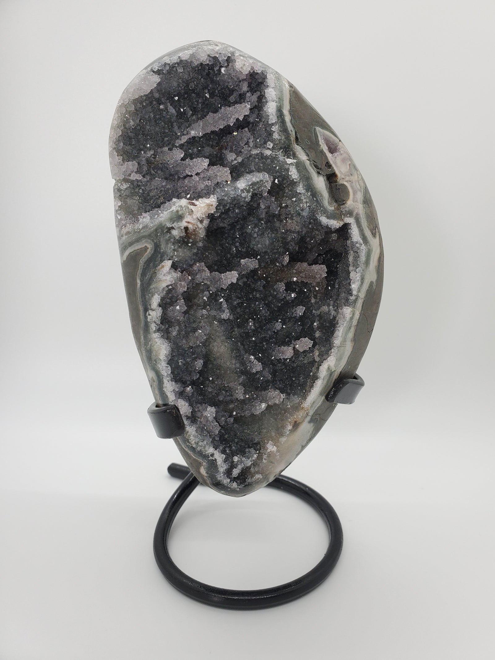Druzy Black Quartz Formation w/ Stalactites on Custom Metal Stand (Uruguay)