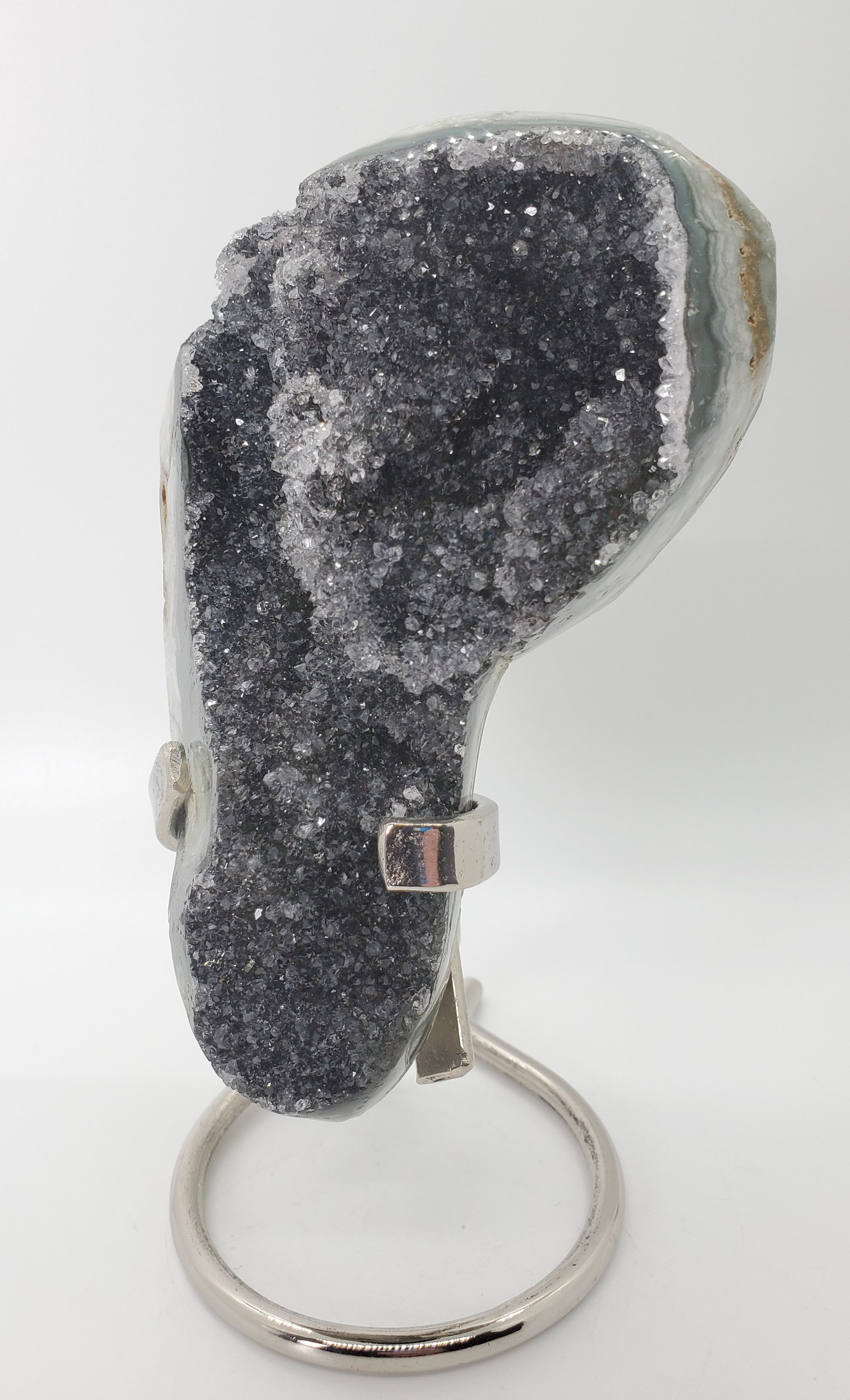 Druzy Black Quartz Formation on Custom Metal Stand (Uruguay)