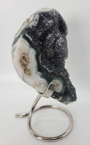 Druzy Black Quartz Formation on Custom Metal Stand (Uruguay)