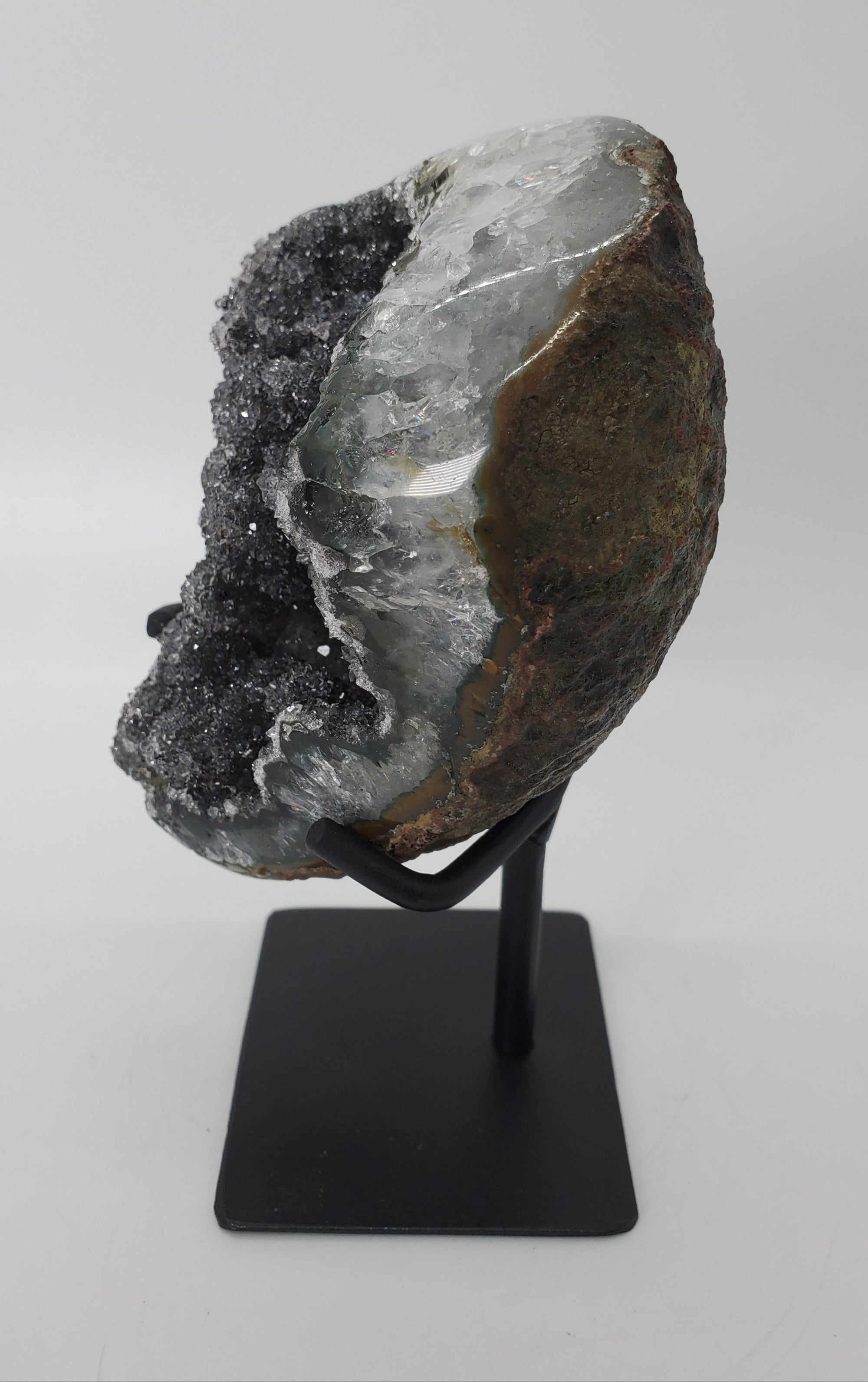 Druzy Black Quartz Formation on Custom Metal Stand (Uruguay)