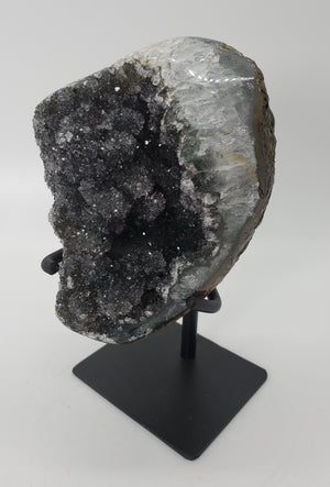 Druzy Black Quartz Formation on Custom Metal Stand (Uruguay)