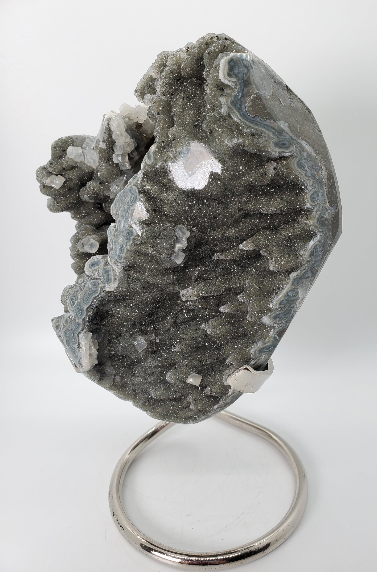 Druzy Quartz Stalactite Formation w/ Calcite on Custom Metal Stand,  Uruguay