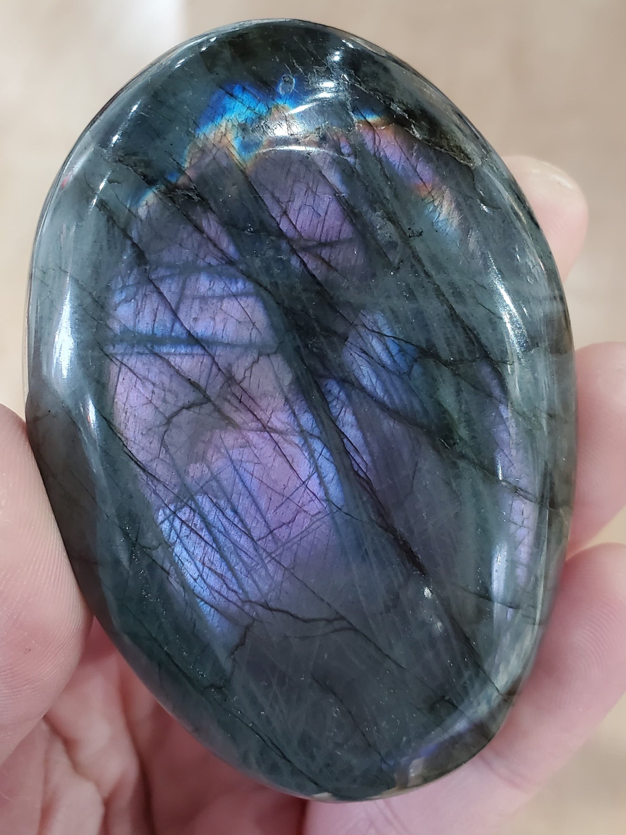 Purple-Pink Labradorite Palm Stone, Madagascar