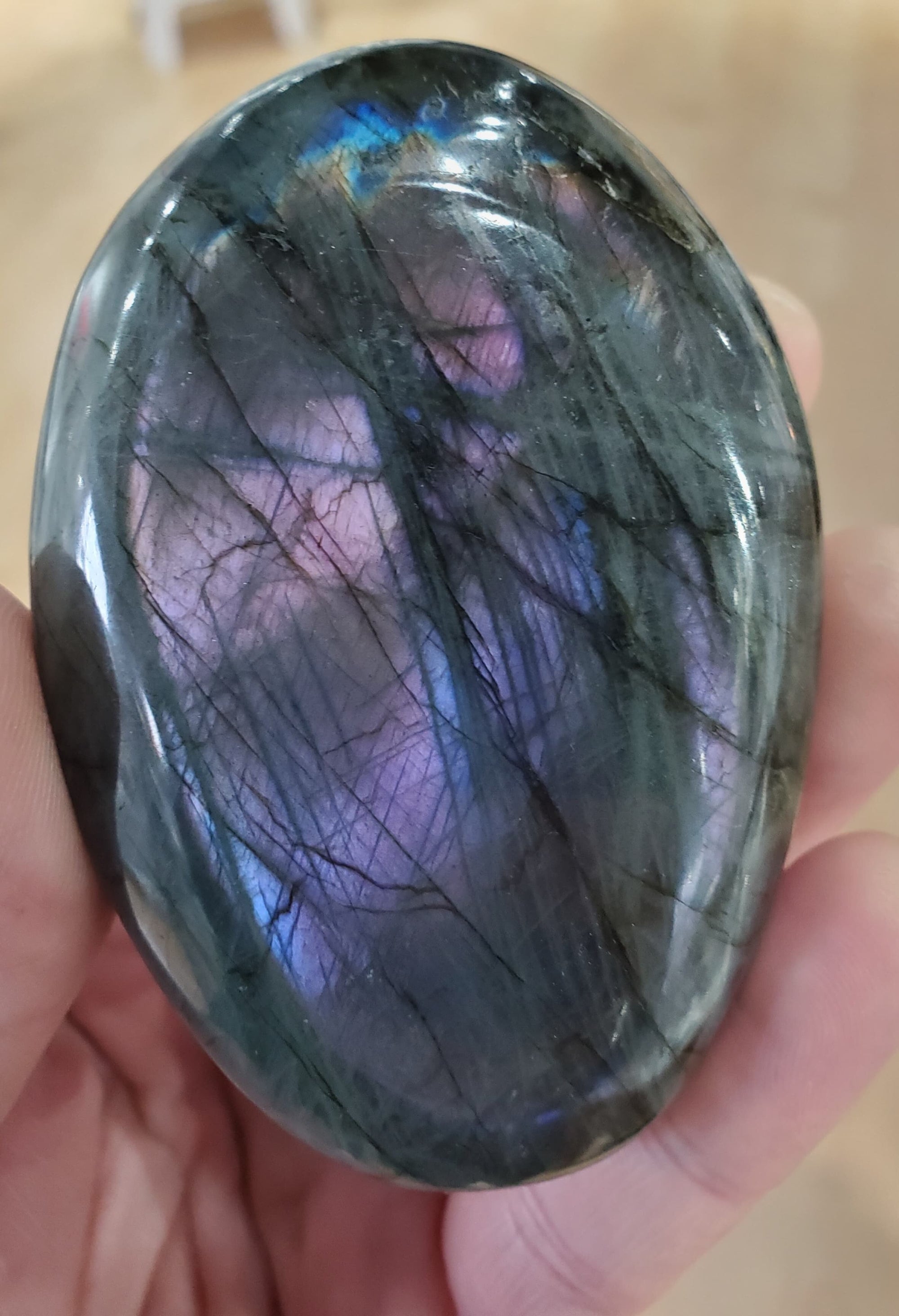 Purple-Pink Labradorite Palm Stone, Madagascar